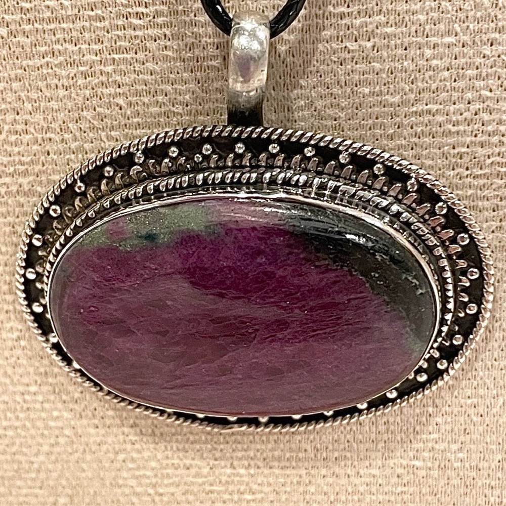 Navajo Sterling Set Natural Ruby in Zoisite Horizontal Cabochon Stone Pendant.